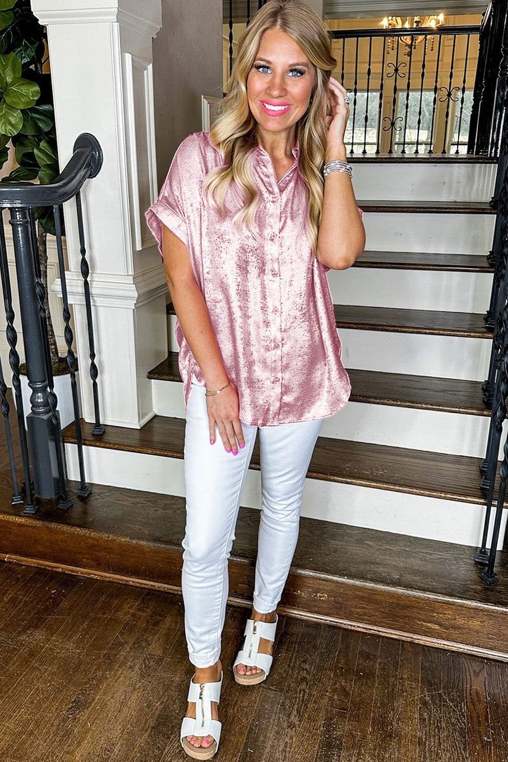 image-Pink Metallic Sheen Short Sleeve Buttoned Shirt