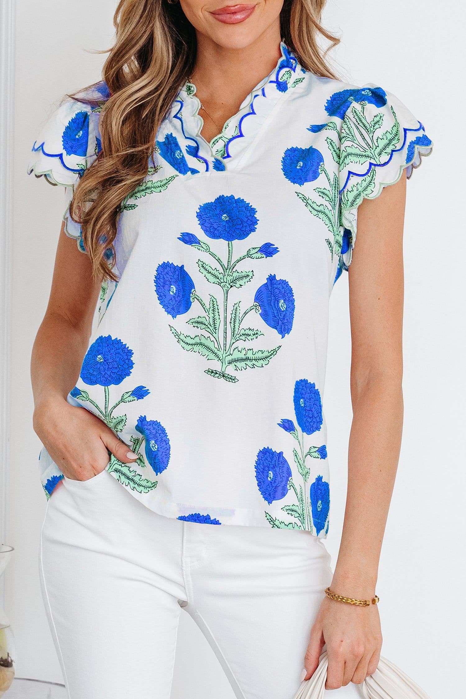 image-Blue Wild Flower Print Contrast Trim Scallop Detail Short Sleeve Blouse