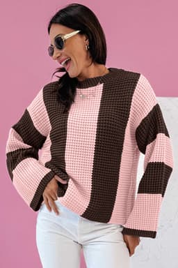 image-Fushia Striped Color Block Thermal Knit Sweater
