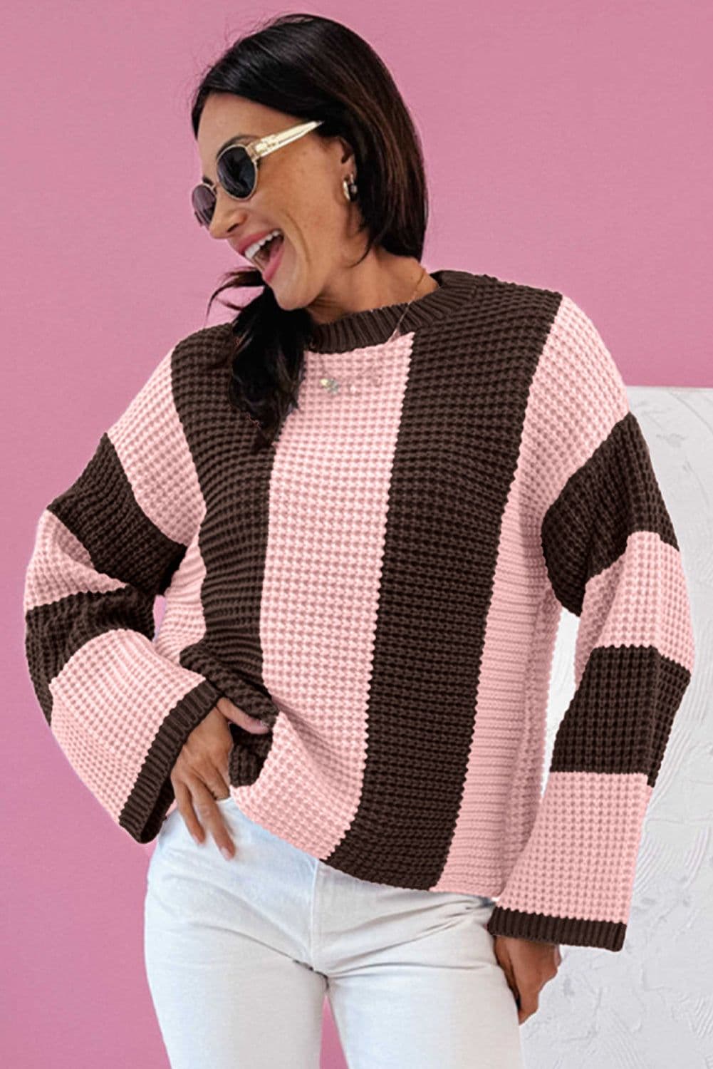 image-Fushia Striped Color Block Thermal Knit Sweater