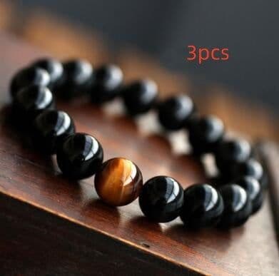 image-Natural Black Onyx With Stone Tiger Eyes Energy Bracelet