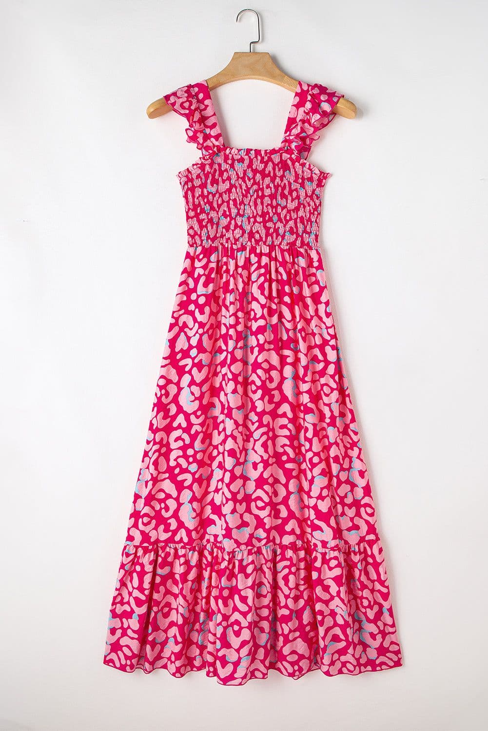 image-Pink Leopard Ruffle Straps Smocked High Waist Long Dress