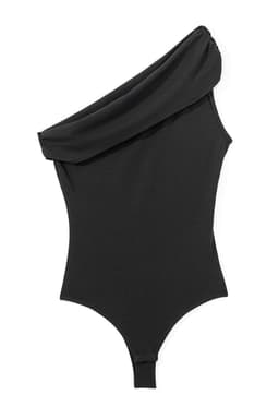 image-Solid Color Pleated One Shoulder Bodysuit - Black