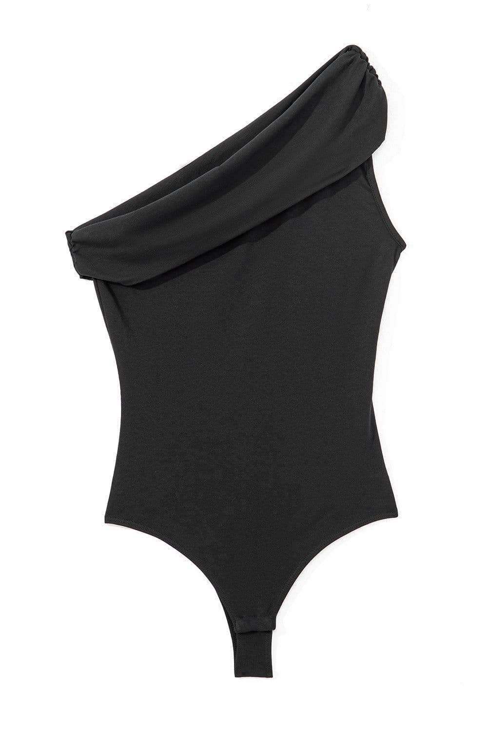 image-Solid Color Pleated One Shoulder Bodysuit - Black