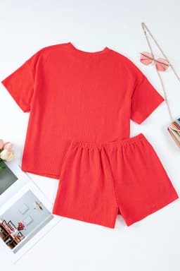 image-Orange Ribbed Textured Knit Loose Fit Tee and Shorts Set