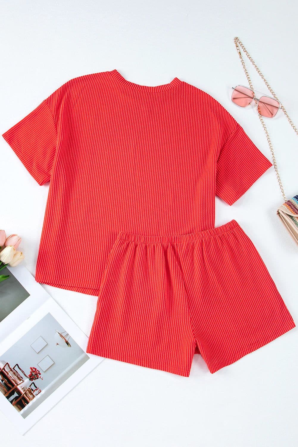 image-Orange Ribbed Textured Knit Loose Fit Tee and Shorts Set