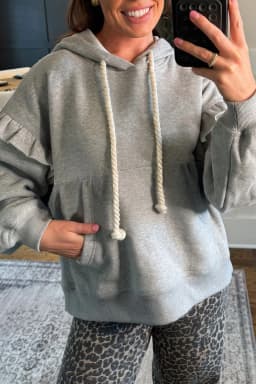 image-Gray Contrast Rope Drawstring Ruffle Trim Hoodie