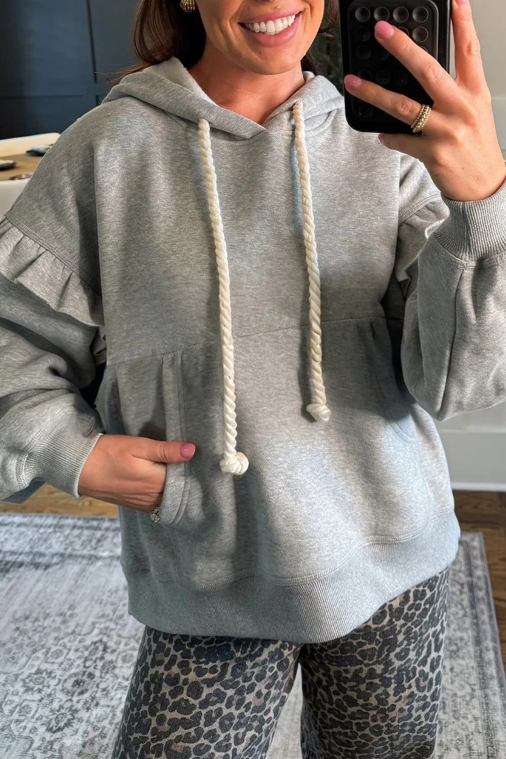 image-Gray Contrast Rope Drawstring Ruffle Trim Hoodie