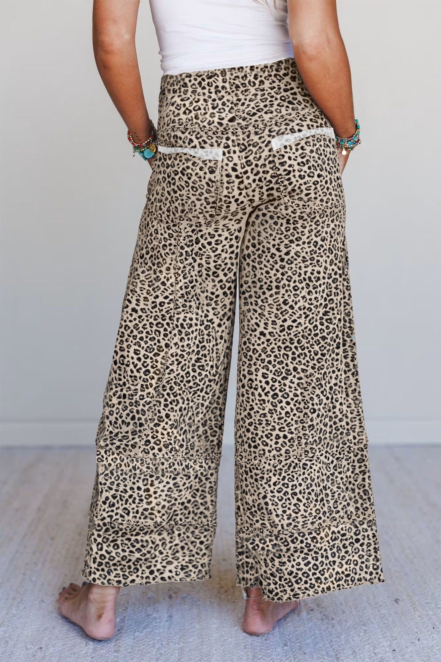 image-Khaki Animal Print Wide Leg Terry Knit Pants