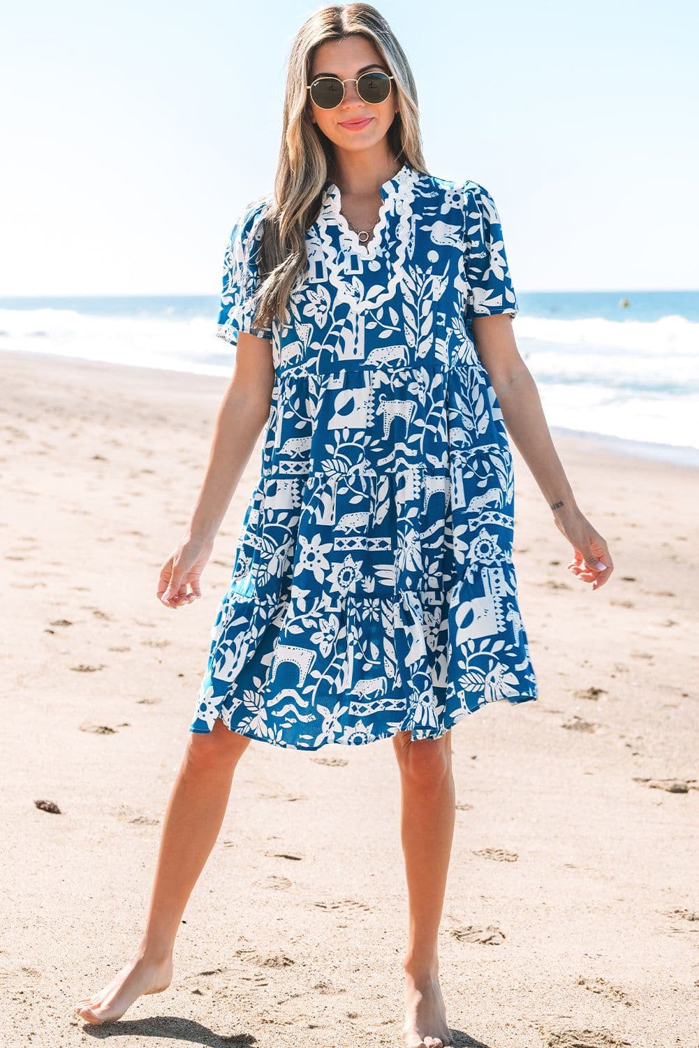 image-Blue Ricrac Trim Split Neck Floral Loose Dress