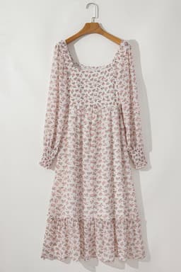 image-Floral Print Shirred Ruffled Hem Midi Dress - White