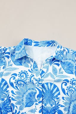 image-Sky Blue Retro Floral Print Drawstring Mini Dress