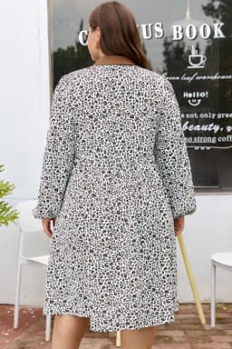image-Pink Plus Size Button V Neck Leopard Print Puff Sleeve Loose Mini Dress