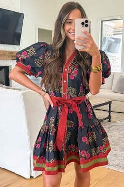 image-Black Retro Floral Print Button Down Belted Short Puff Sleeve Mini Dress