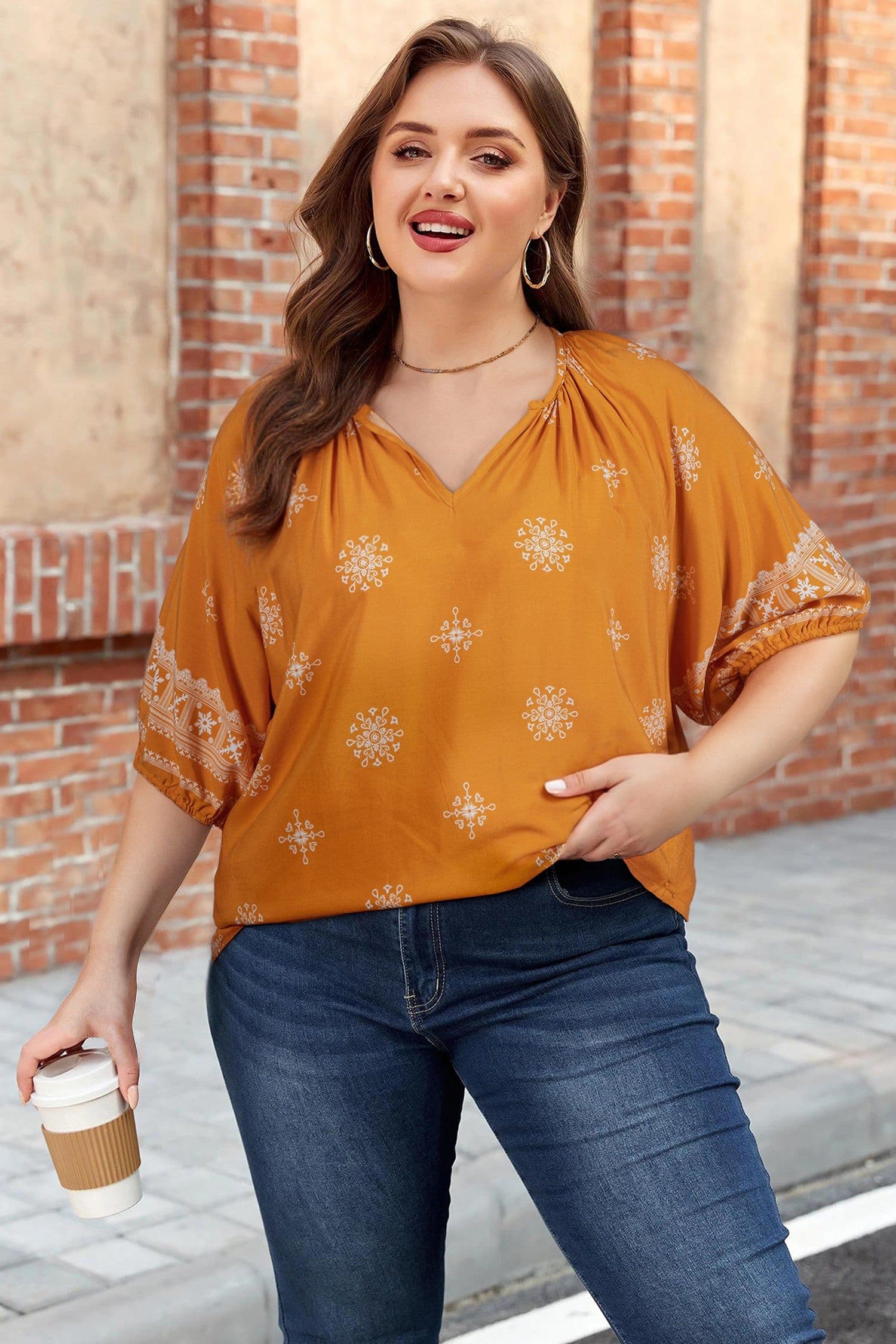 image-Yellow Floral Boho Chic Top - Plus Size Notched V-Neck Short Sleeve
