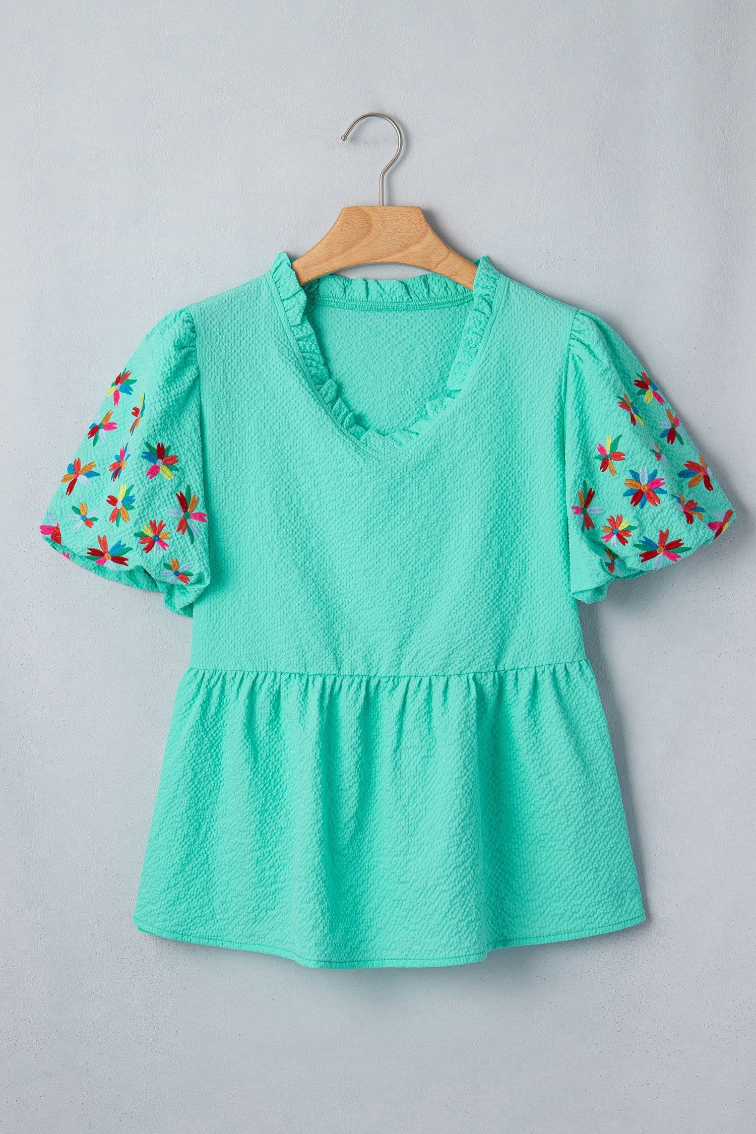 image-Sachet Pink Blouse Flower Embroidered Frilled V Neck