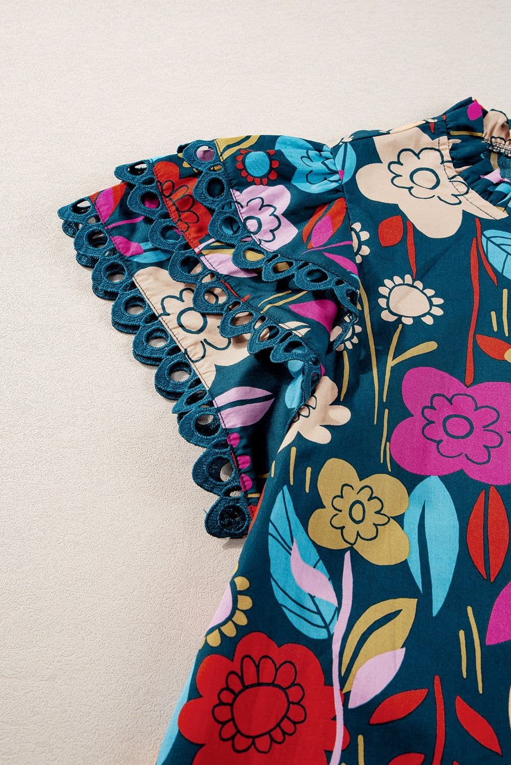 image-Floral Blouse - Green Trimmed Ruffle Sleeves Summer Top - Sizes Available