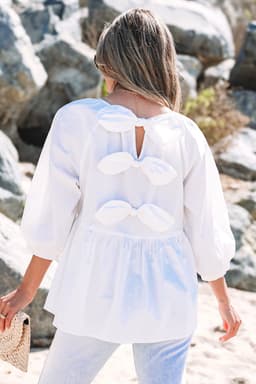 image-White Bow Knot Cutout Back Loose Fit 3/4 Sleeve Blouse