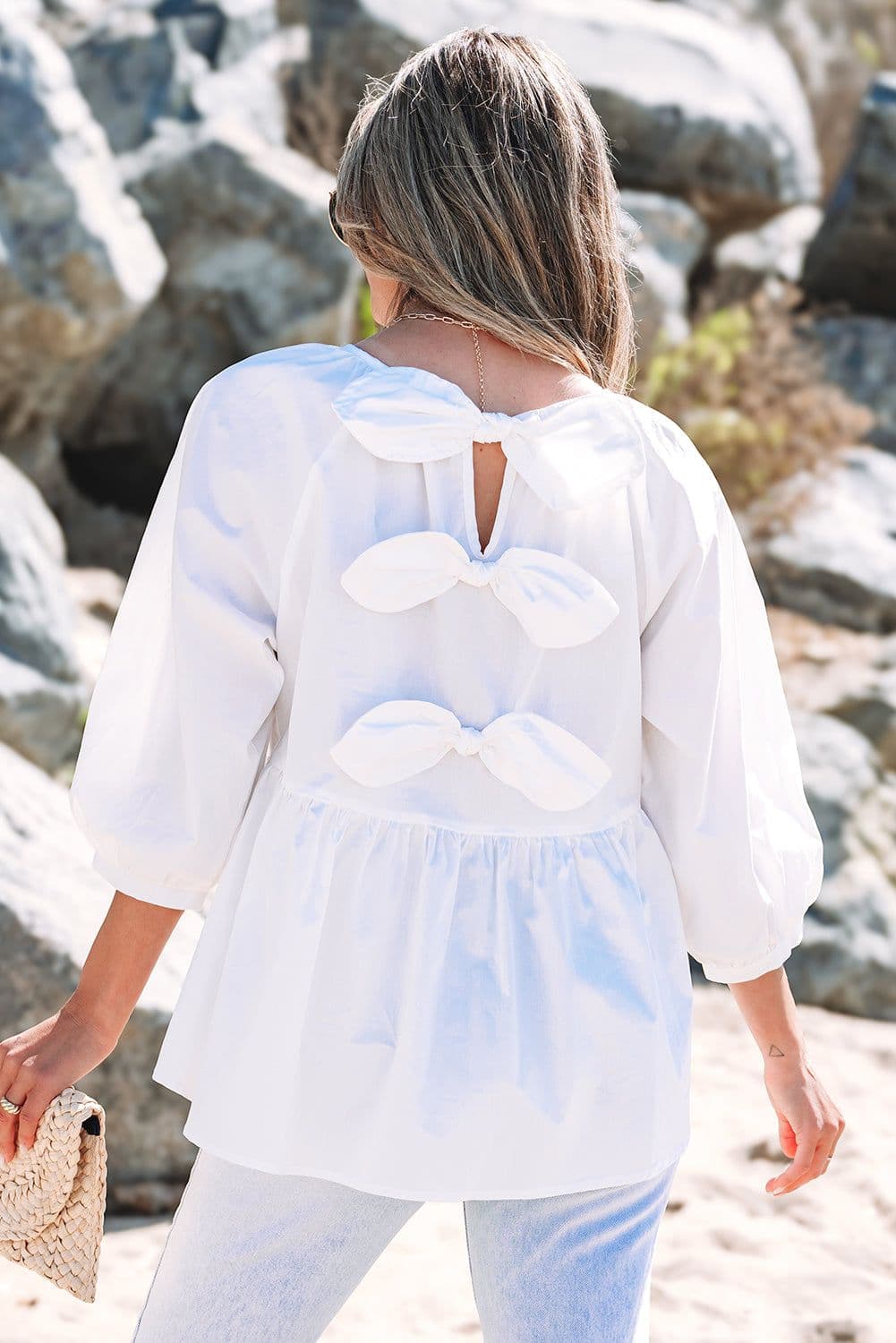 image-White Bow Knot Cutout Back Loose Fit 3/4 Sleeve Blouse