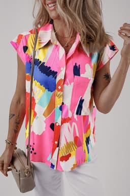 image-Multicolour Abstract Print Collared Cap Sleeve Shirt
