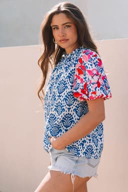 image-Blue Floral Western Print Blouse with Puff Sleeves - Chic Frilled Neck