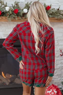 image-Green Plaid Contrast Patched Christmas Holiday Long Sleeve Shirt and Short 2pcs Pajama Set