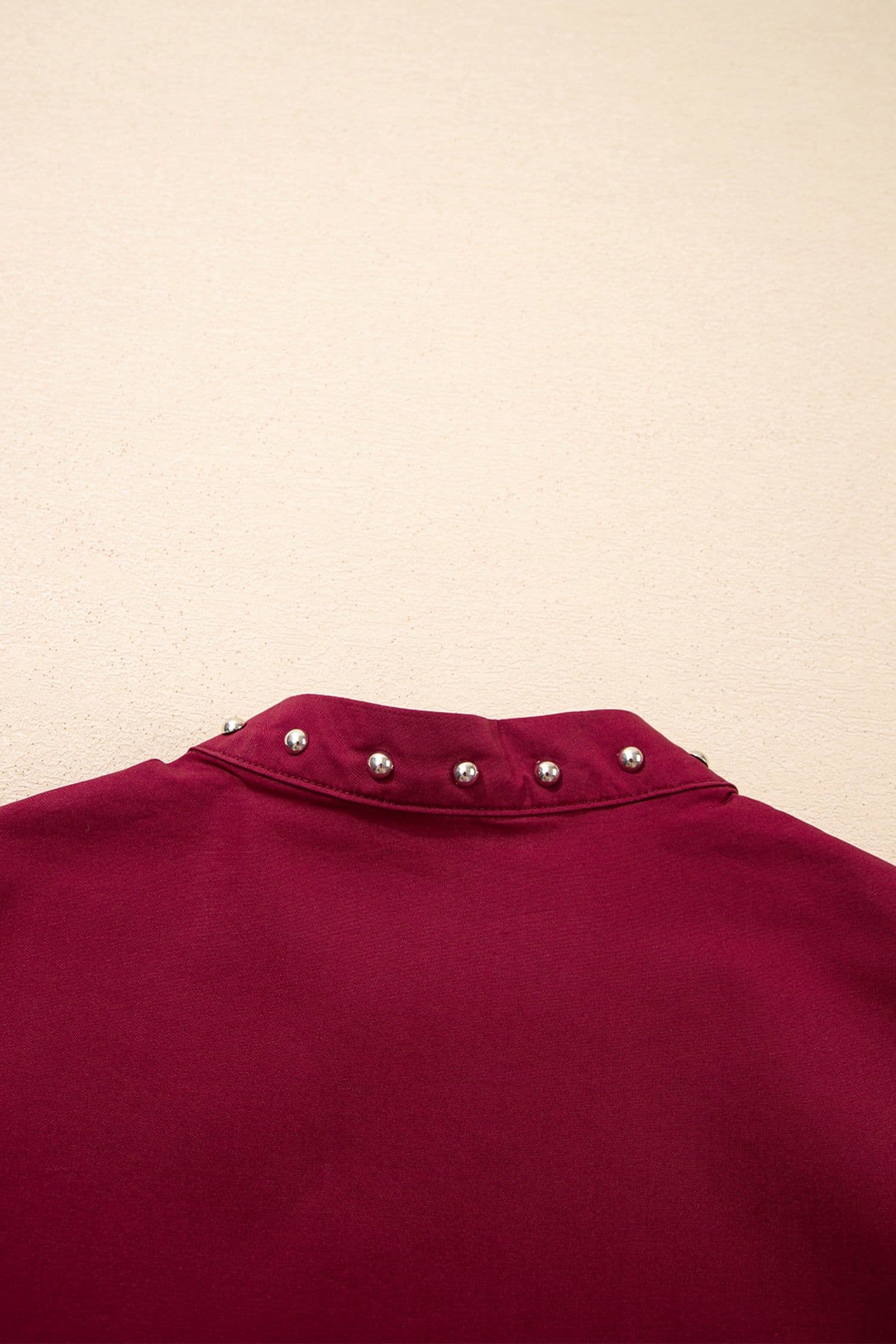 image-Burgundy Rivet Embellished V Neck Puff Sleeve Blouse