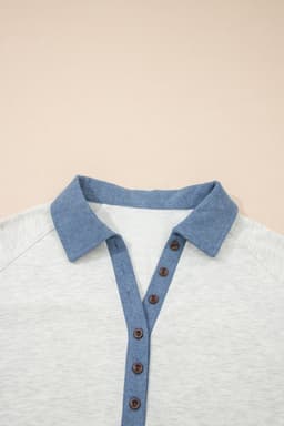 image-Light Grey Denim Patchwork Polo Top - Long Sleeve