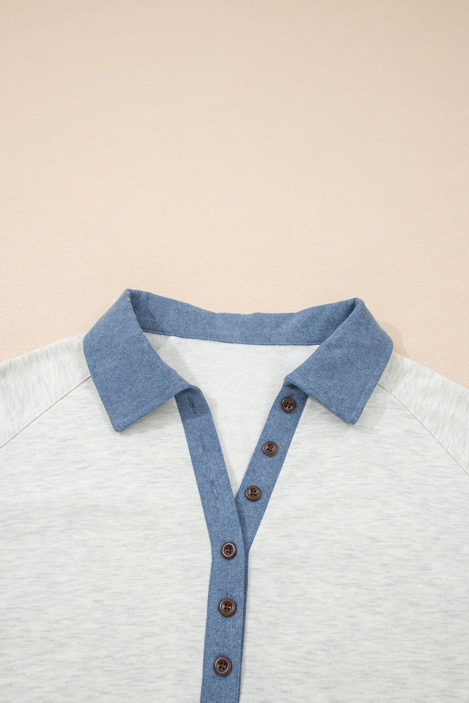 image-Light Grey Denim Patchwork Polo Top - Long Sleeve