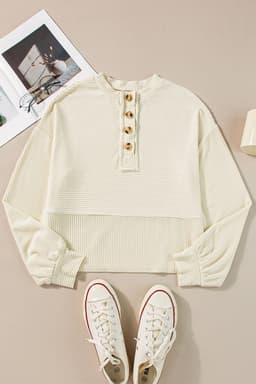 image-Apricot Corded Texture Lantern Sleeve Henley Sweatsuit