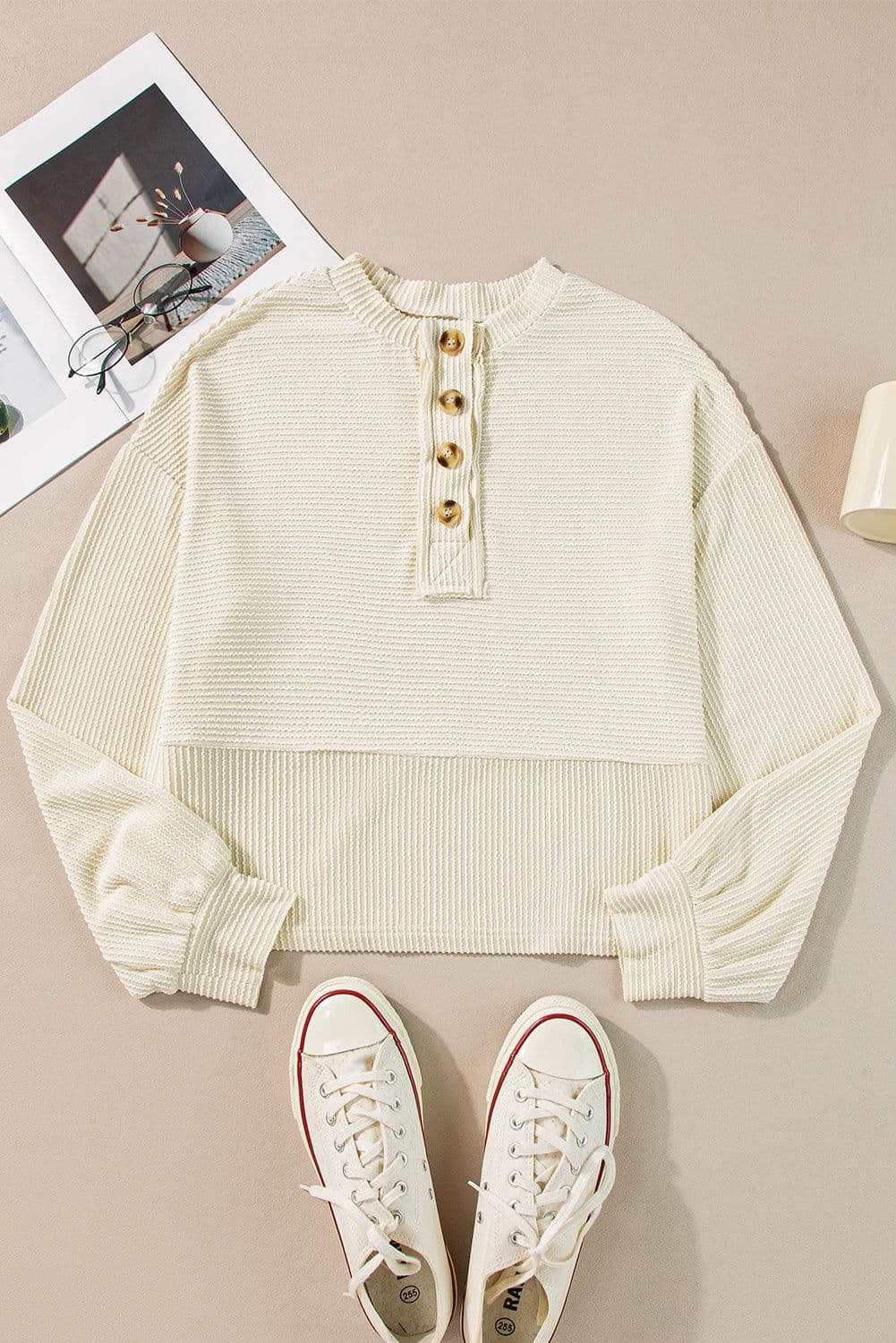 image-Apricot Corded Texture Lantern Sleeve Henley Sweatsuit