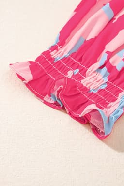 image-Rose Abstract Print Smocked Puff Sleeve V Neck Blouse