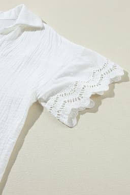 image-White Crinkled Lace Splicing V Neck Blouse