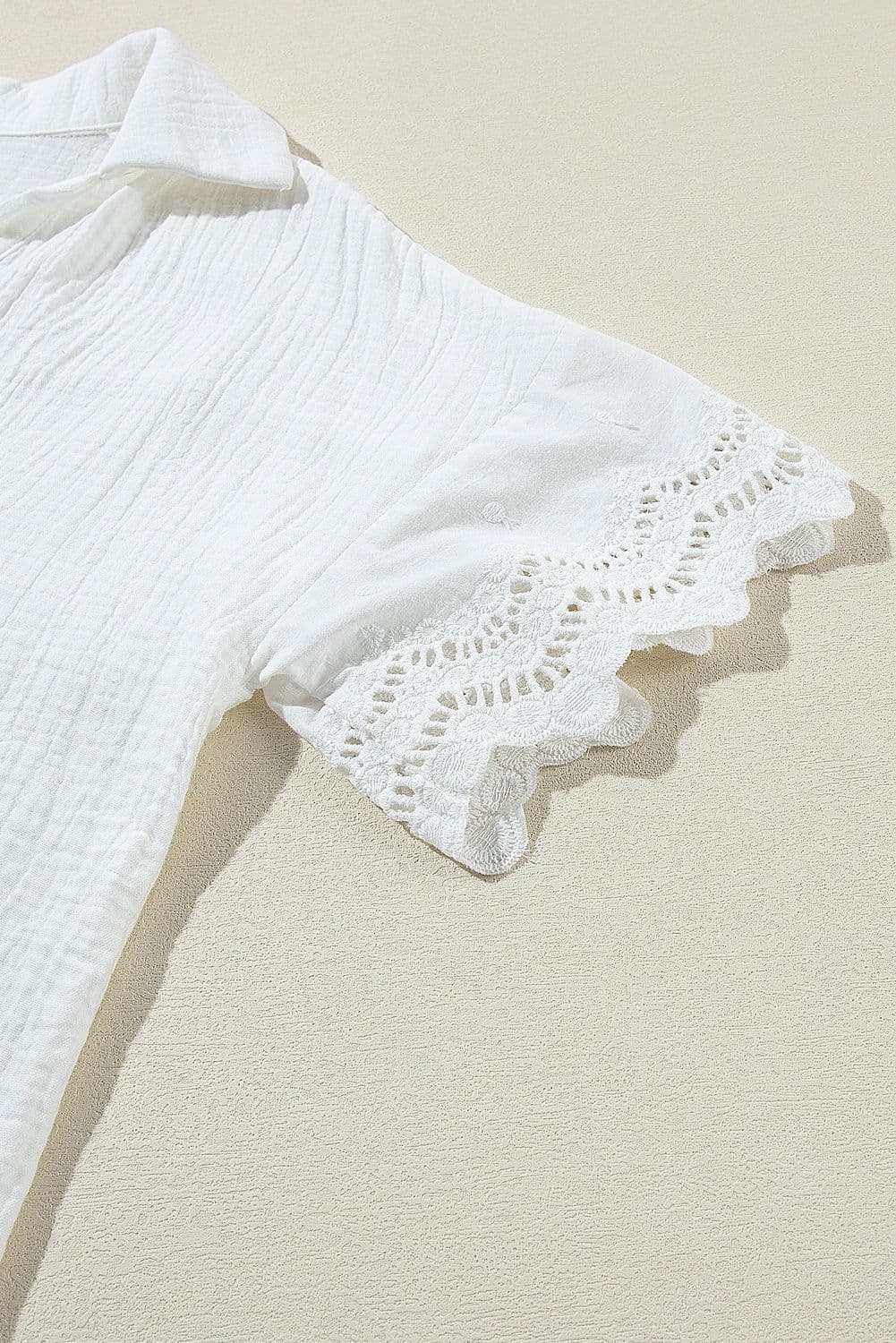 image-White Crinkled Lace Splicing V Neck Blouse