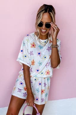 image-Pink Flower Print Short Sleeve High Waist Two Piece Shorts Set