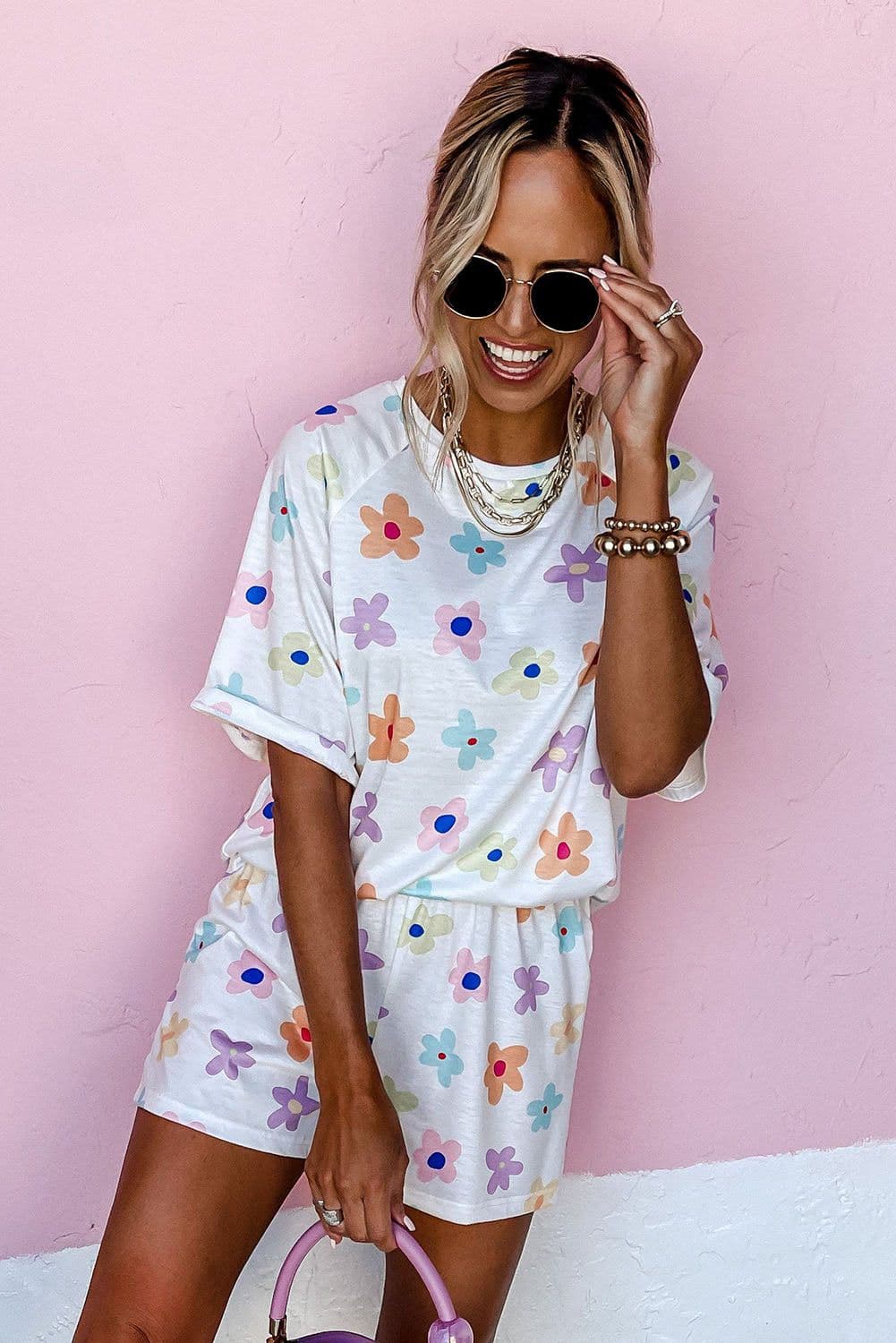 image-Pink Flower Print Short Sleeve High Waist Two Piece Shorts Set