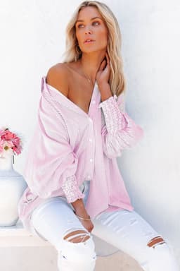 image-Sky Blue Striped Boyfriend Shirt with Pocket - Smocked Cuffs