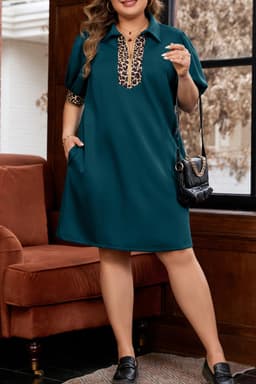 image-Sea Green Leopard Patchwork Mini Dress Plus Size