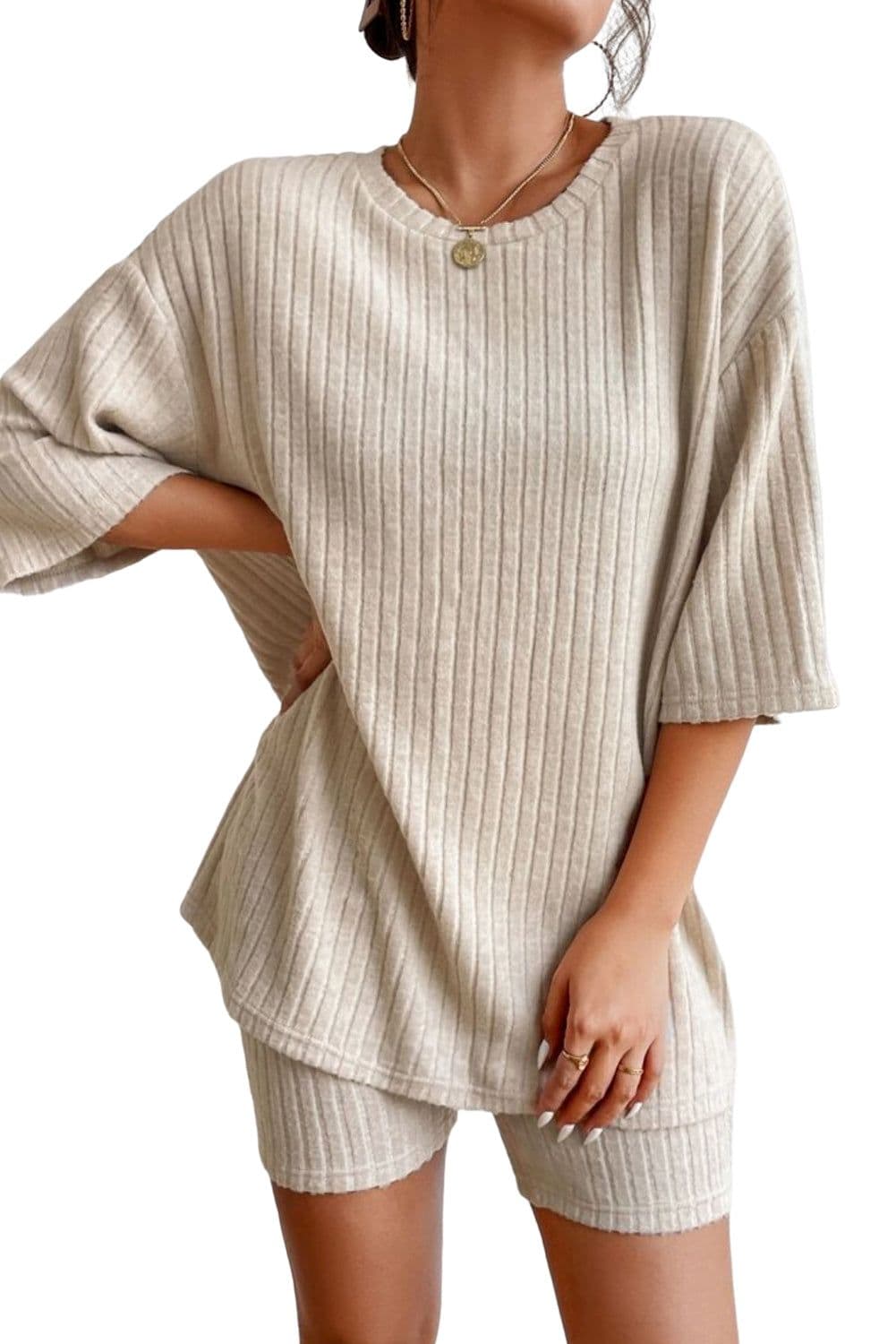image-Apricot Plain Ribbed Loose Fit Two Piece Lounge Set