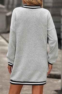 image-Light Grey Striped Trim V Neck Long Sleeve Preppy T Shirt Dress