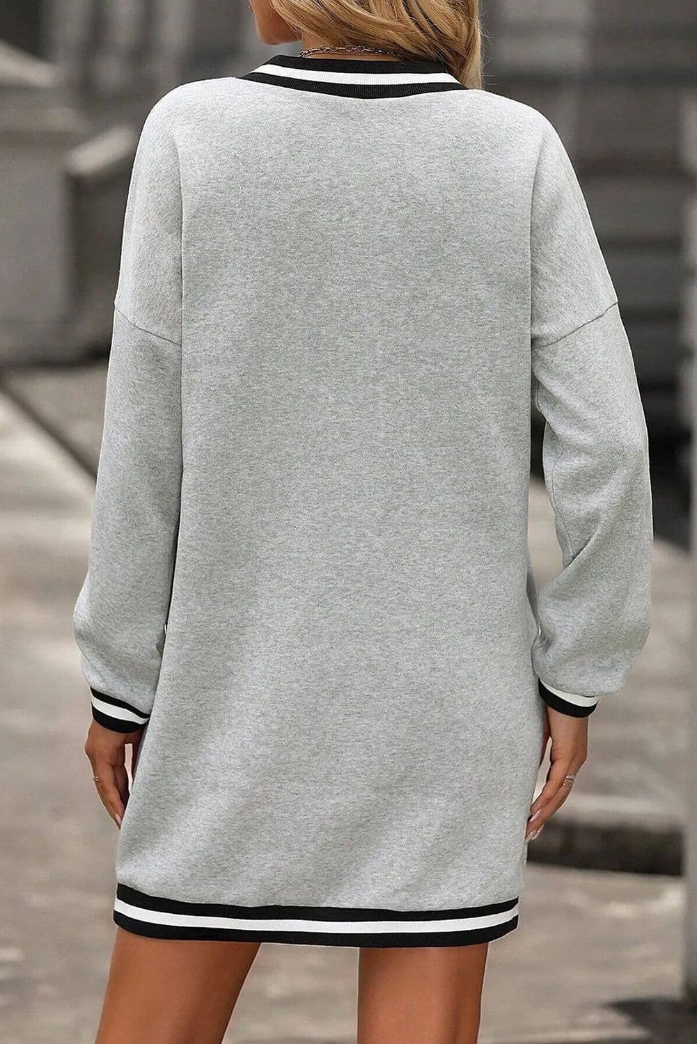 image-Light Grey Striped Trim V Neck Long Sleeve Preppy T Shirt Dress
