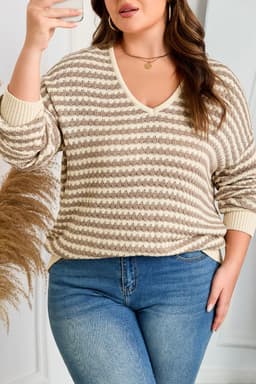 image-Khaki Stripe Plus Size V Neck Drop Shoulder Sweater