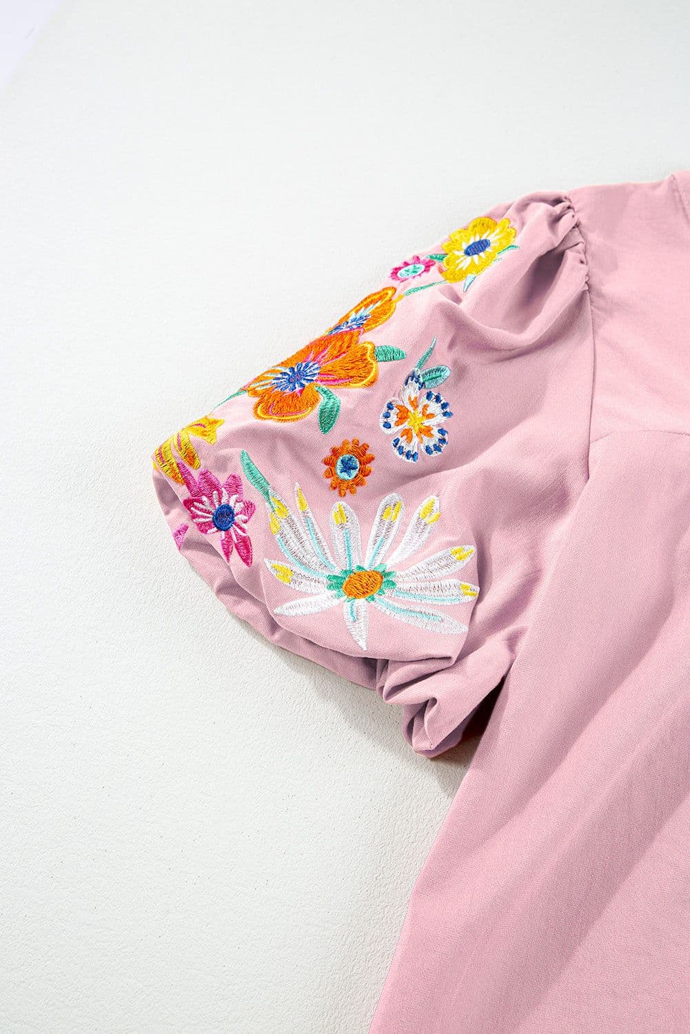image-Pink Floral Embroidered Puff Sleeve Blouse with Split Neck & Tie Detail