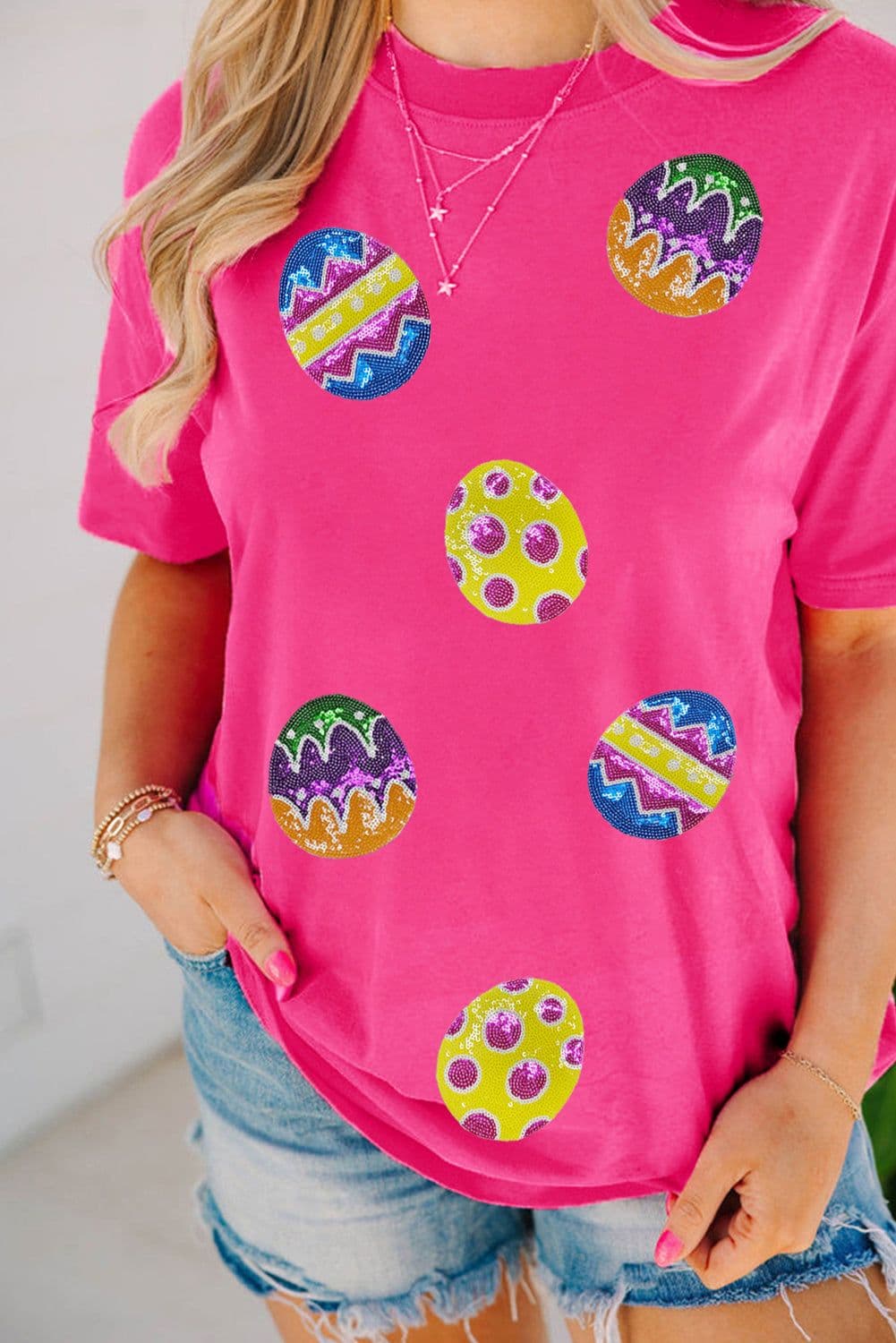 image-Rose Red Easter Egg Patched Crew Neck Graphic Tee