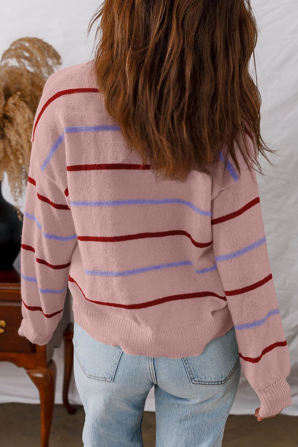 image-Pink Stripe Ribbed Edge Drop Shoulder Sweater