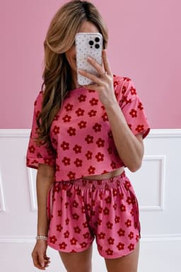 image-Rose Floral Print Crop Tee and Shorts Lounge Set