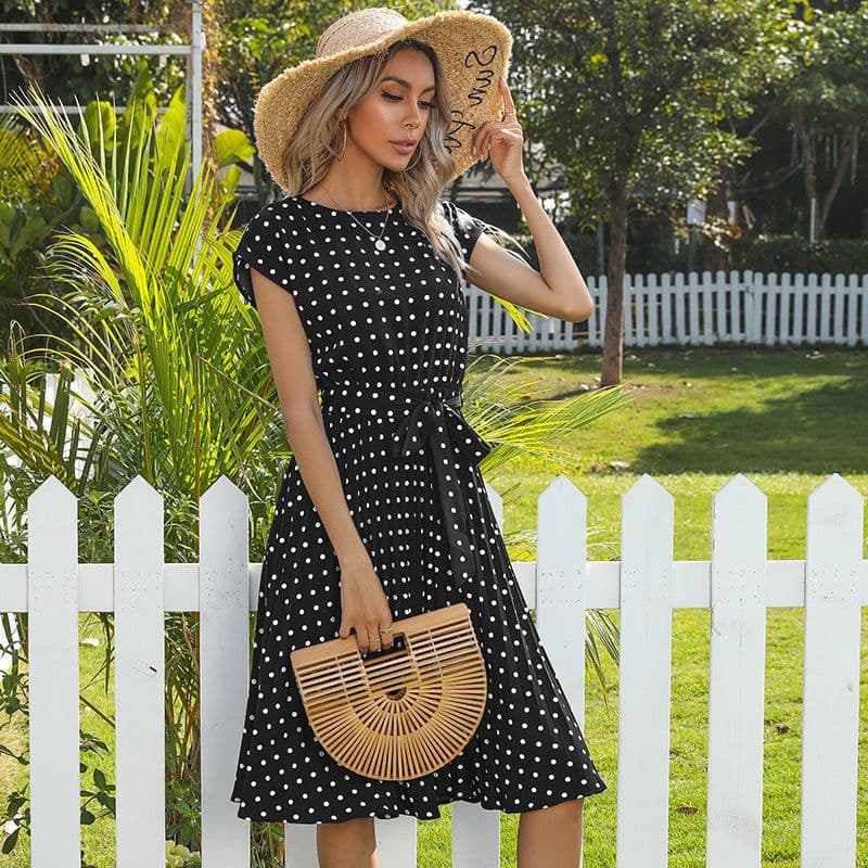 image-Summer Women Polka Dot Short Sleeve Dress Casual Bandage Party Pleated Midi Dresses Elegant Green Office Lady Clothing