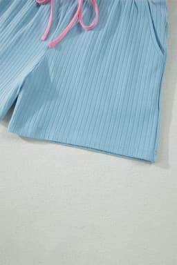 image-Aqua Soft Ribbed Color Block Trim Casual Shorts Set