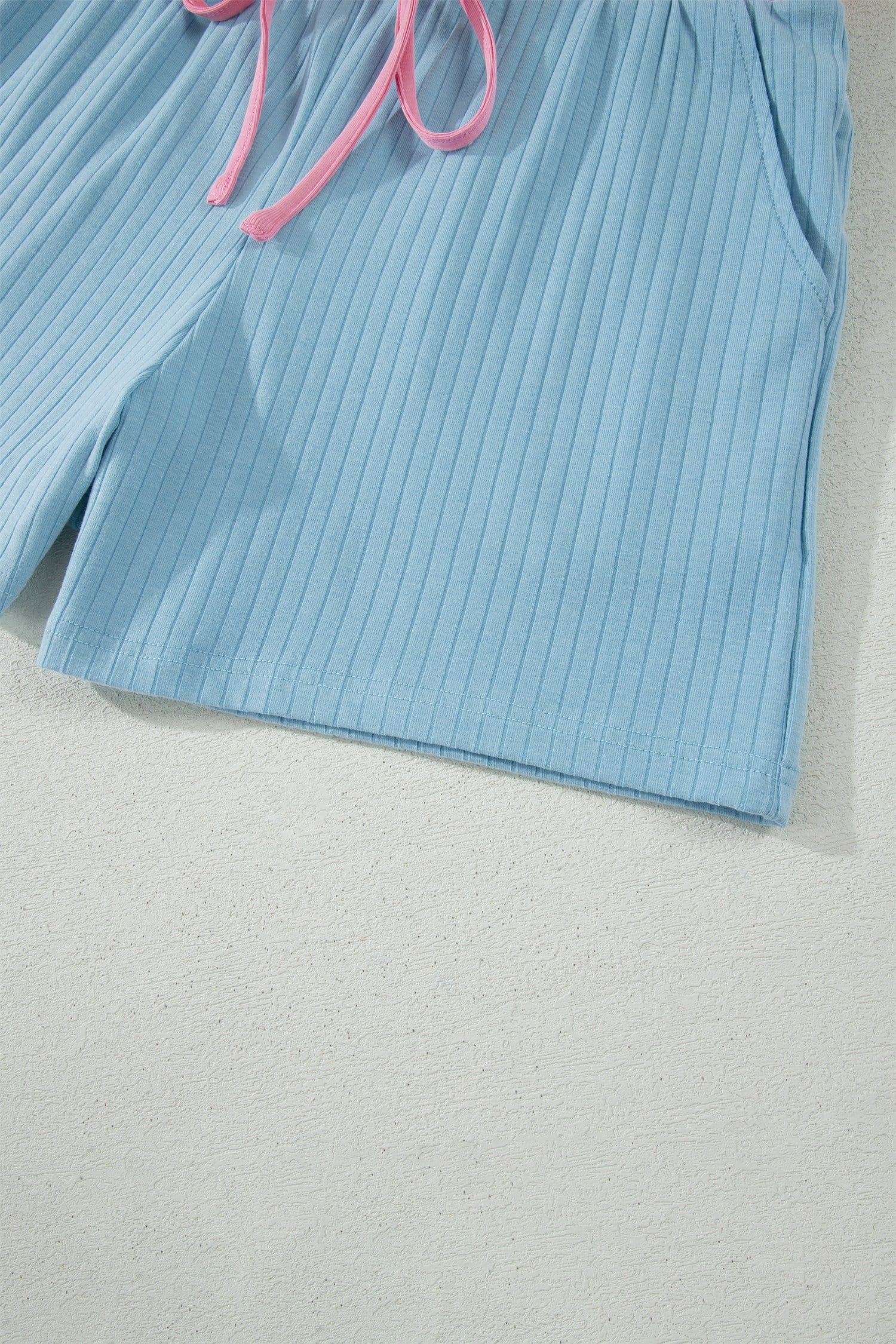 image-Aqua Soft Ribbed Color Block Trim Casual Shorts Set