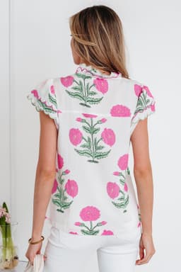 image-Blue Wild Flower Print Contrast Trim Scallop Detail Short Sleeve Blouse